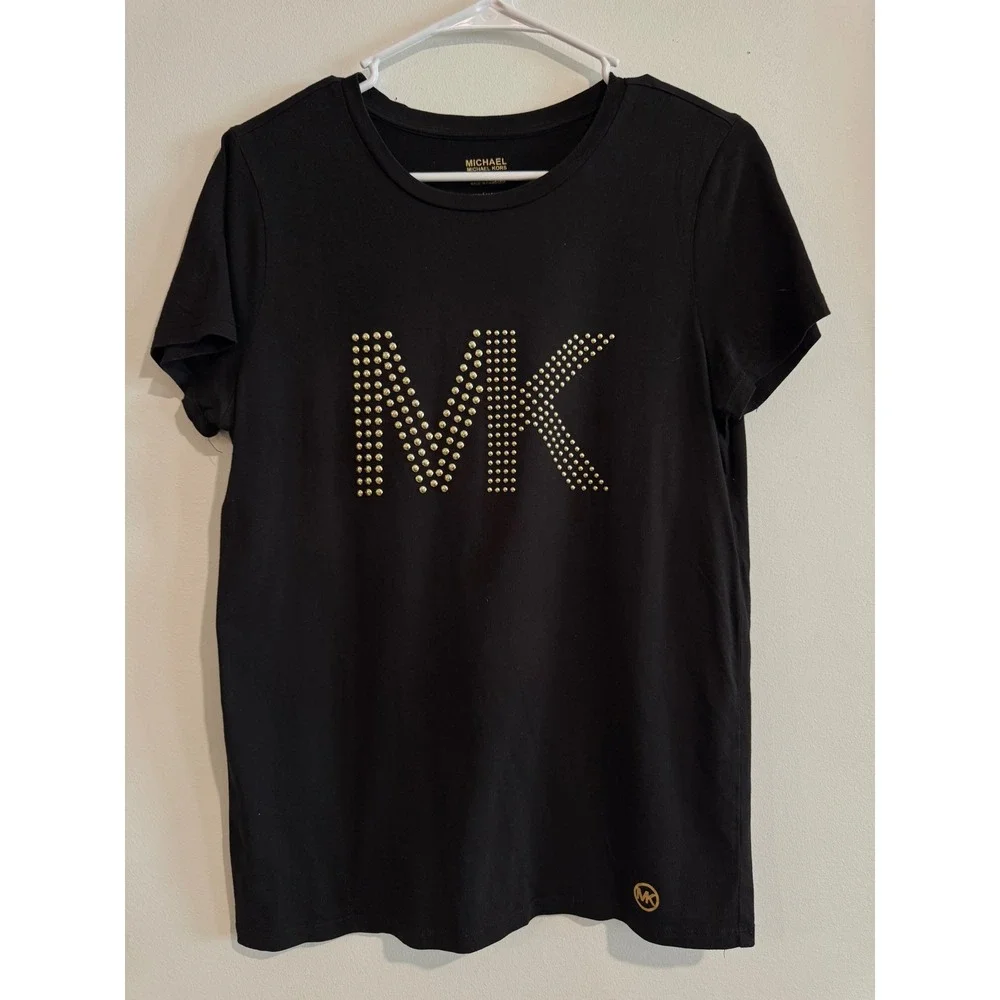 Michael Kors Studded Logo T-Shirt‎ Womens Medium Black Gold MK Graphic Tee